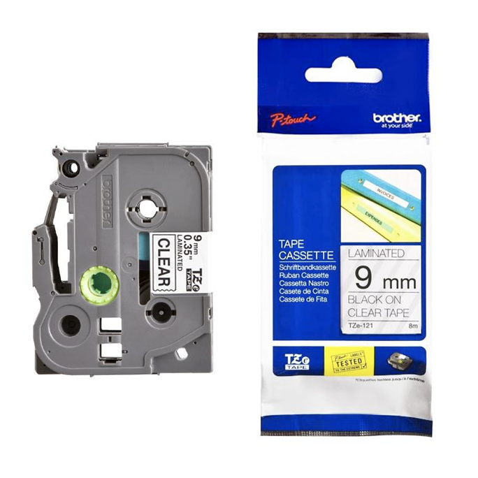 Brother Tape Cassette Black on Clear 9mm TZE-121